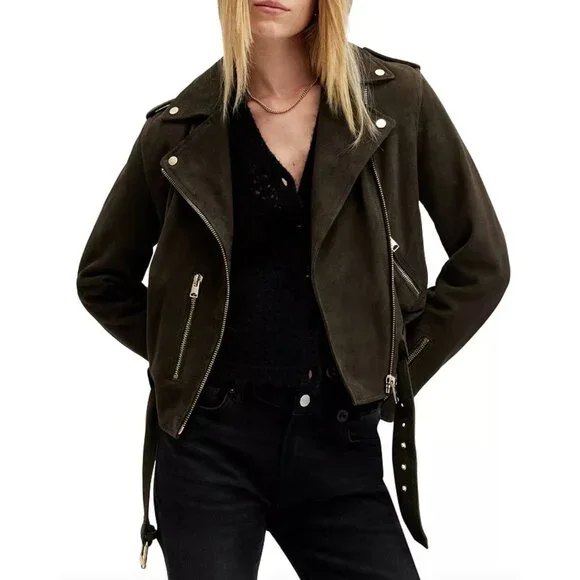 ALL SAINTS $569 Suede Balfern Biker Jacket Size 6 in Tarmac Green
